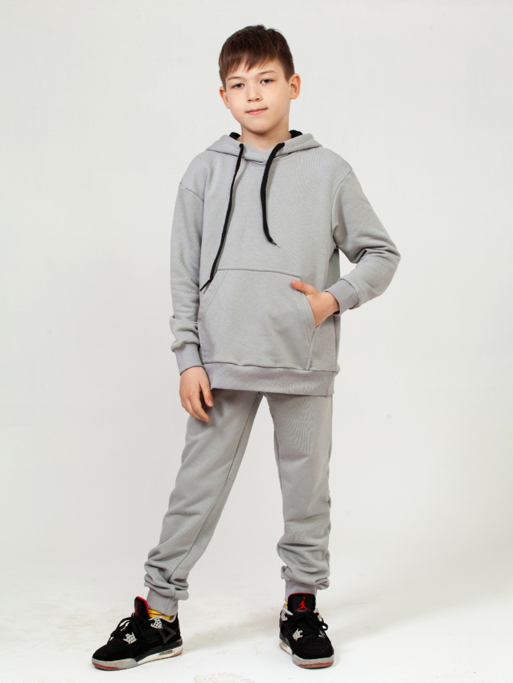 311-ГР. Свитшот с капюшоном + Штаны, хлопок 65%, 35% ПЭ, 3-х нитка ( без начеса) графит 146,152,158